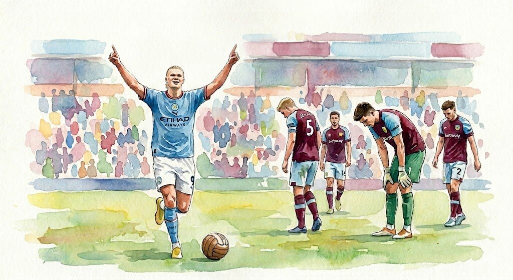 Illustration aquarelle d'Erling Haaland (Manchester City) célébrant bras levés sur la pelouse, à côté d'un groupe de joueurs de Burnley (maillots bordeaux) abattus après leur défaite. Arrière-plan flou de supporters en gradins, style peinture à l'eau.