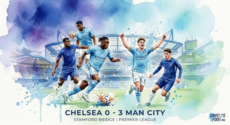 Illustration aquarelle du match Chelsea vs Manchester City 0-3 à Stamford Bridge avec Jeremy Doku et Nico O'Reilly.