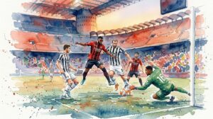 Illustration en style aquarelle montrant un duel intense entre les joueurs de l'AC Milan et de la Juventus dans le stade de San Siro.