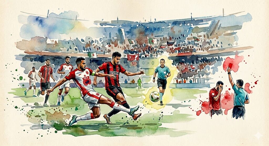 Joueurs de l'Olympic de Safi célébrant le nul à Alger ; Hamza Hamiani carton rouge USM Alger.