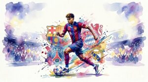 Illustration style aquarelle d'un jeune ailier de football en pleine course avec un ballon, entouré des logos du FC Barcelone, du Paris Saint-Germain, du Bayern Munich et du Real Madrid, sur fond de stade stylisé.
