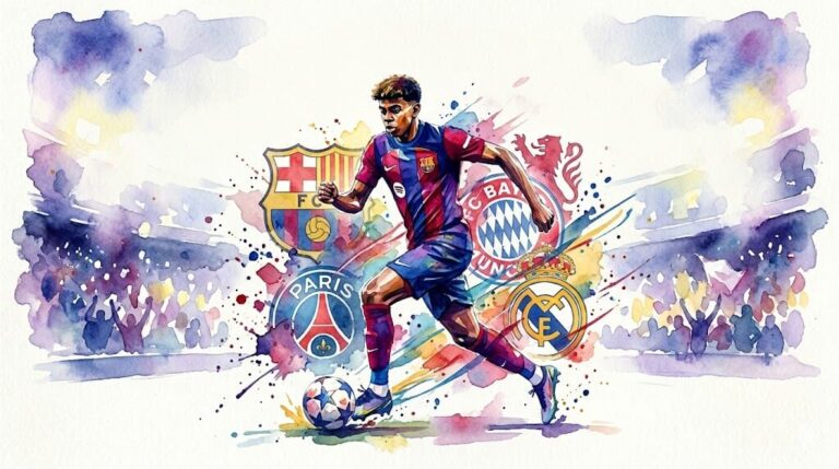 Illustration style aquarelle d'un jeune ailier de football en pleine course avec un ballon, entouré des logos du FC Barcelone, du Paris Saint-Germain, du Bayern Munich et du Real Madrid, sur fond de stade stylisé.