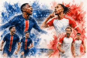 PSG contre Bayern Munich en demi-finale de Ligue des champions 2026, illustration aquarelle montrant des joueurs en action dans un match spectaculaire terminé sur un score de 5-4