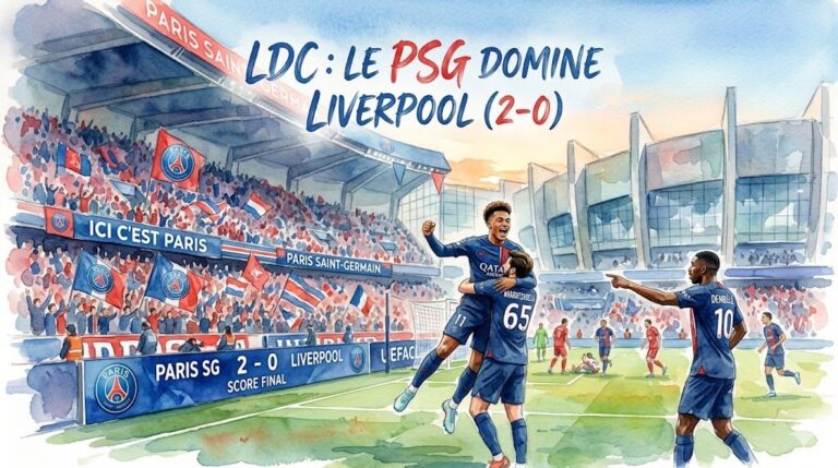 Illustration aquarelle du match PSG vs Liverpool, célébration des joueurs parisiens au Parc des Princes, score 2-0.