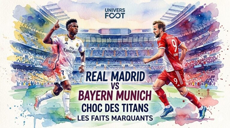 Illustration style aquarelle de Vinícius Júnior et Harry Kane pour le quart de finale Real Madrid vs Bayern Munich 2026.