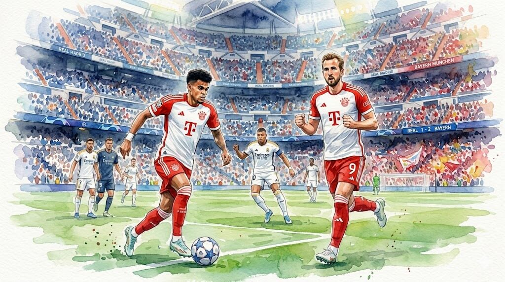 Illustration aquarelle du match de Ligue des Champions 2026 entre le Real Madrid et le Bayern Munich montrant Luis Díaz, Harry Kane et Kylian Mbappé dans un stade Santiago Bernabéu plein.