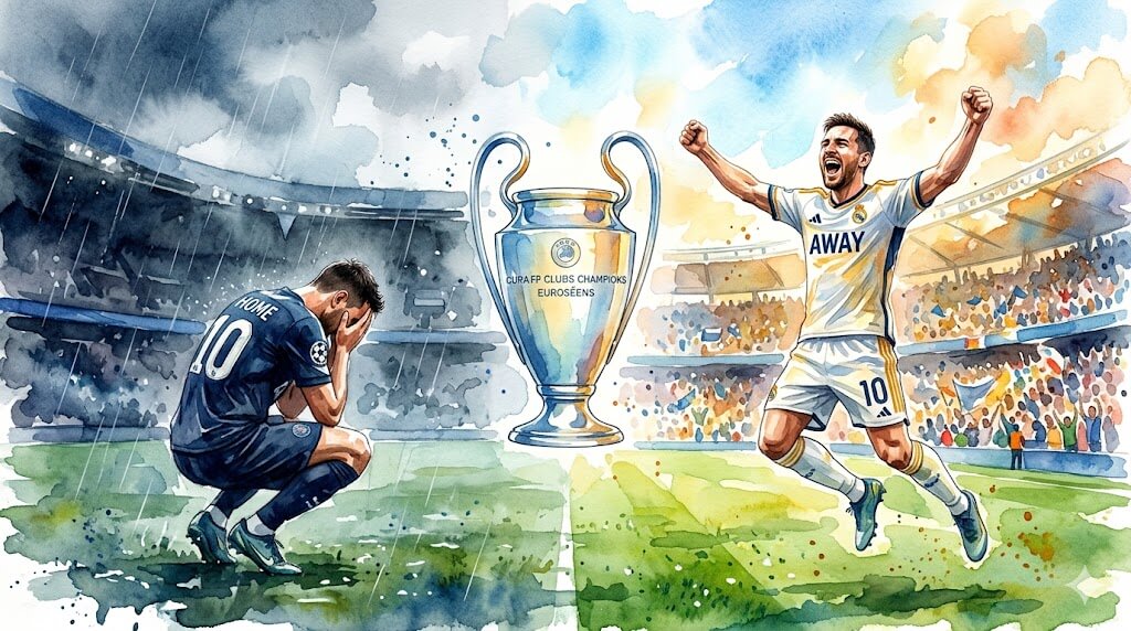 Illustration aquarelle montrant un joueur de football triste sous la pluie après une défaite et un joueur célébrant la victoire sous le soleil avec le trophée de la Ligue des Champions.