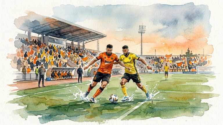 Illustration style aquarelle du match de football entre la RS Berkane et le Maghreb de Fès au Stade Municipal.