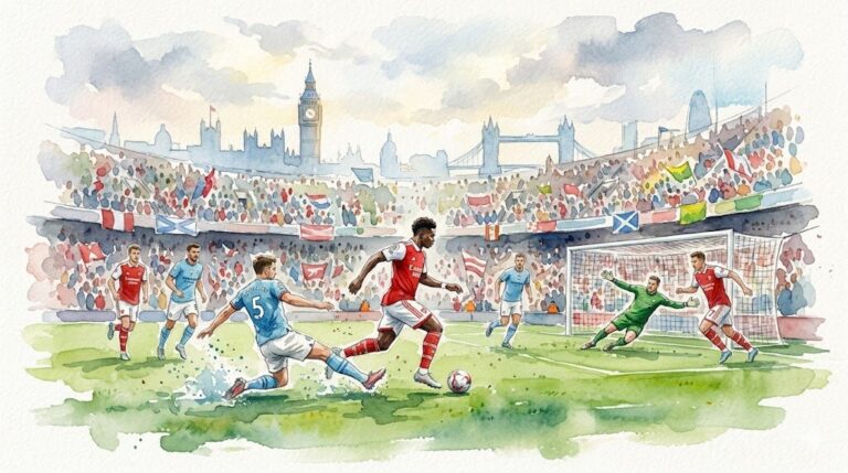 Illustration style aquarelle d'un match de football dans un stade anglais bondé, montrant des joueurs d'Arsenal en rouge et de Manchester City en bleu, avec la silhouette de Londres et du Big Ben en arrière-plan.