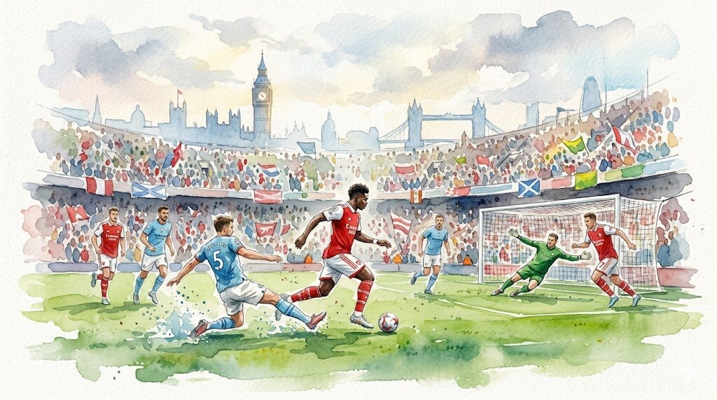 Illustration style aquarelle d'un match de football dans un stade anglais bondé, montrant des joueurs d'Arsenal en rouge et de Manchester City en bleu, avec la silhouette de Londres et du Big Ben en arrière-plan.