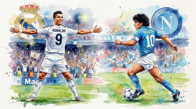 Illustration style aquarelle de Cristiano Ronaldo célébrant avec le maillot du Real Madrid et Diego Maradona dribblant avec le maillot de Naples.