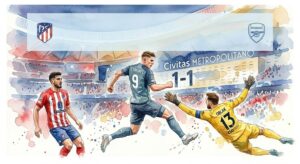 Illustration à l'aquarelle du match de Ligue des Champions entre l'Atlético de Madrid et Arsenal au stade Metropolitano, montrant Viktor Gyökeres à l'attaque face au gardien Jan Oblak avec le score de 1-1.