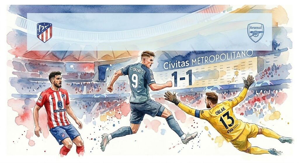 Illustration à l'aquarelle du match de Ligue des Champions entre l'Atlético de Madrid et Arsenal au stade Metropolitano, montrant Viktor Gyökeres à l'attaque face au gardien Jan Oblak avec le score de 1-1.