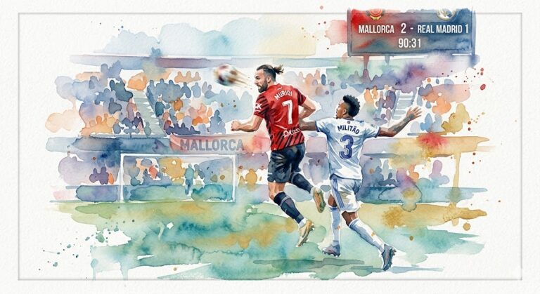 Illustration en aquarelle montrant l'attaquant de Majorque Vedat Muriqi marquant de la tête contre Éder Militão du Real Madrid dans un stade en liesse.