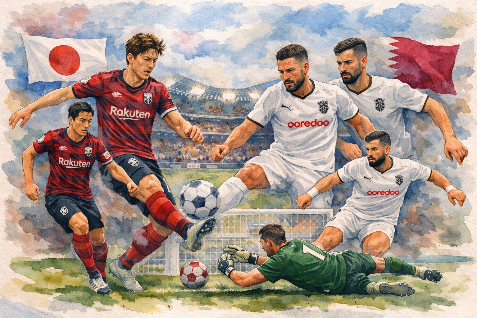 Illustration aquarelle du match Vissel Kobe face à Al‑Sadd en Ligue des champions d’Asie, avec joueurs en action et gardien plongeant pour un arrêt décisif.