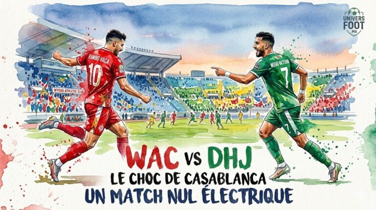 Illustration aquarelle du match Wydad Casablanca contre Difaâ El Jadida au stade Mohammed V, Botola Pro 2026.