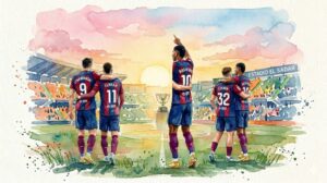 Peinture à l'aquarelle des joueurs du FC Barcelone célébrant devant l'enseigne de l'Estadio El Sadar après une victoire 2-1 contre Osasuna.