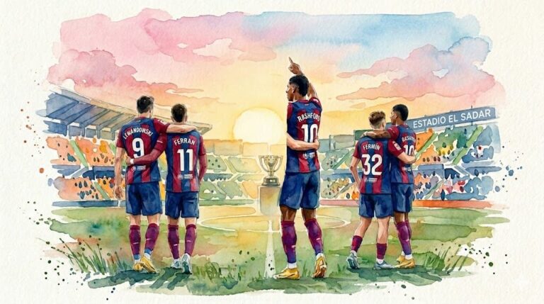 Peinture à l'aquarelle des joueurs du FC Barcelone célébrant devant l'enseigne de l'Estadio El Sadar après une victoire 2-1 contre Osasuna.