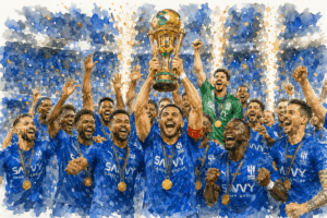 Les joueurs d’Al Hilal célèbrent leur victoire en finale de la Coupe du Roi saoudienne en soulevant le trophée sous les feux d’artifice.