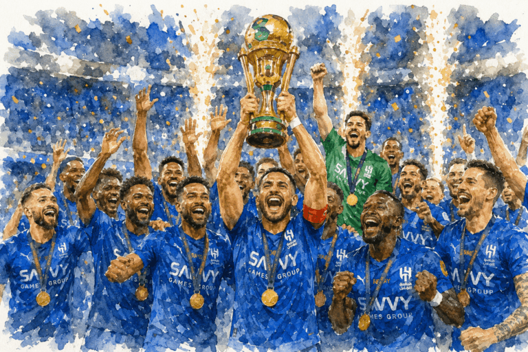 Les joueurs d’Al Hilal célèbrent leur victoire en finale de la Coupe du Roi saoudienne en soulevant le trophée sous les feux d’artifice.
