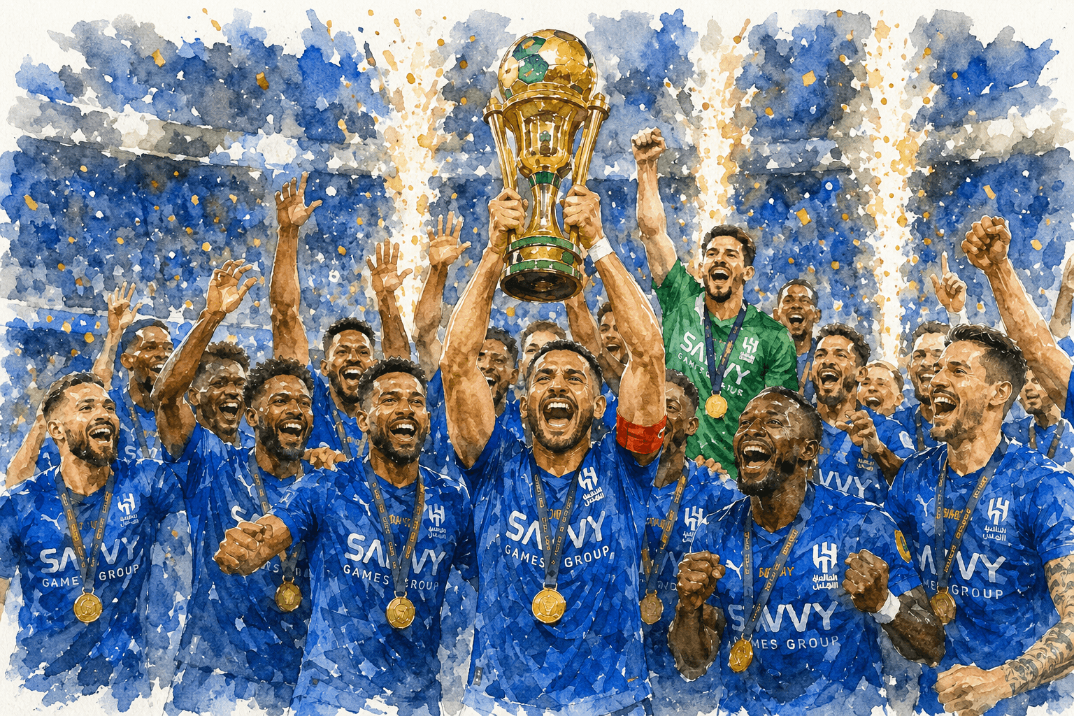 Les joueurs d’Al Hilal célèbrent leur victoire en finale de la Coupe du Roi saoudienne en soulevant le trophée sous les feux d’artifice.