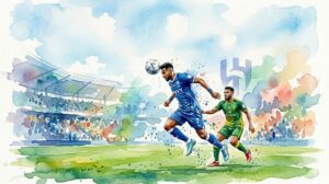Une peinture expressive à l'aquarelle montrant l'attaquant d'Al-Hilal (en maillot bleu) dribblant avec intensité sous la pression d'un défenseur d'Al-Khaleej (en vert et jaune) lors d'un match de Saudi Pro League. L'action se déroule dans un stade stylisé, avec des projections de peinture colorées et dynamiques, sous un ciel bleu nuageux clair. Le logo d'Al-Hilal est subtilement intégré en arrière-plan.