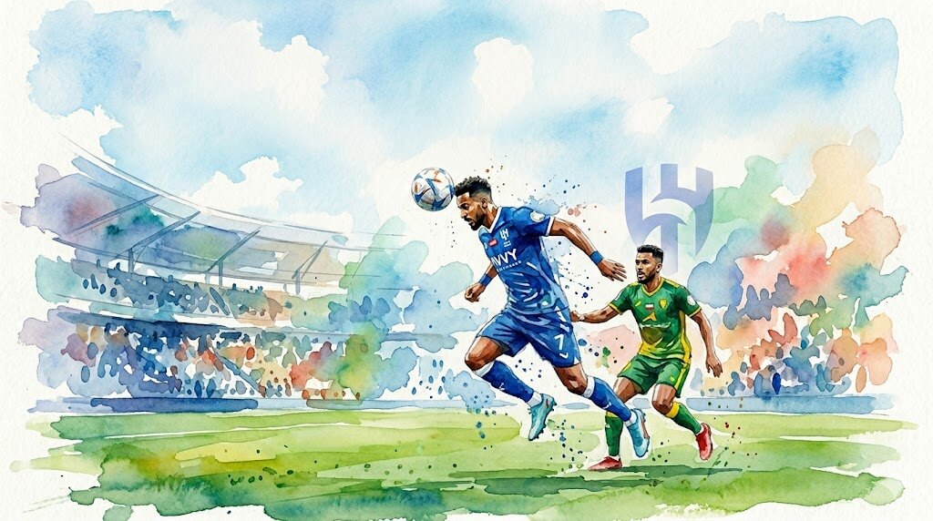 Une peinture expressive à l'aquarelle montrant l'attaquant d'Al-Hilal (en maillot bleu) dribblant avec intensité sous la pression d'un défenseur d'Al-Khaleej (en vert et jaune) lors d'un match de Saudi Pro League. L'action se déroule dans un stade stylisé, avec des projections de peinture colorées et dynamiques, sous un ciel bleu nuageux clair. Le logo d'Al-Hilal est subtilement intégré en arrière-plan.