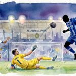 Illustration artistique en style aquarelle montrant l'égalisation d'Al-Hilal contre Al-Nassr lors du derby de la Saudi Pro League.