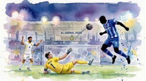 Illustration artistique en style aquarelle montrant l'égalisation d'Al-Hilal contre Al-Nassr lors du derby de la Saudi Pro League.