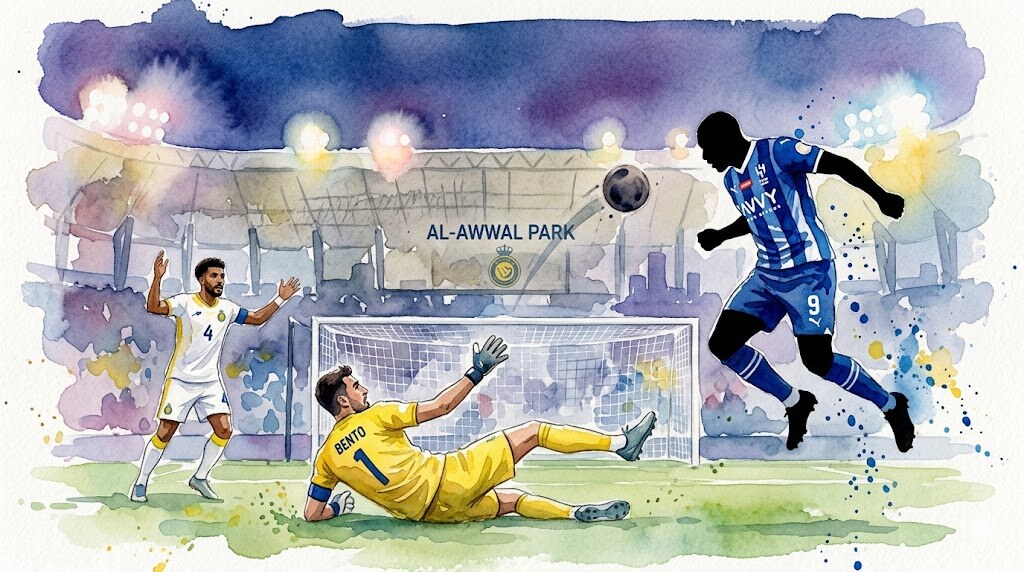 Illustration artistique en style aquarelle montrant l'égalisation d'Al-Hilal contre Al-Nassr lors du derby de la Saudi Pro League.