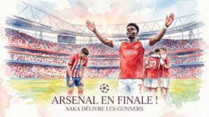 Aquarelle montrant les joueurs d'Arsenal célébrant le but de Bukayo Saka lors de la demi-finale de Ligue des Champions contre l'Atlético de Madrid.