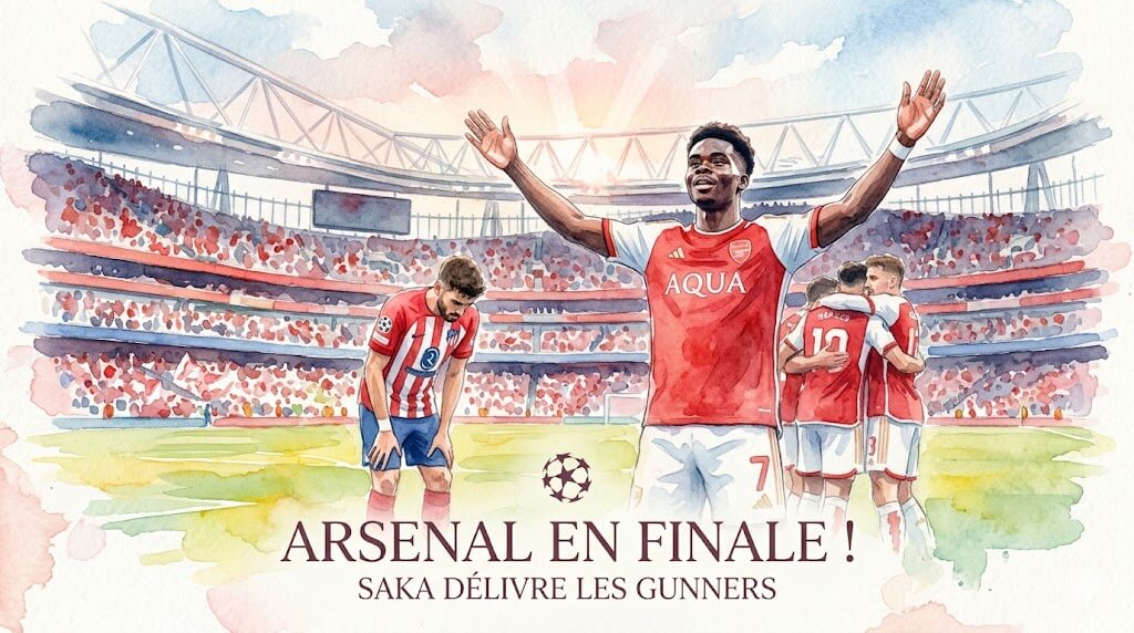 Aquarelle montrant les joueurs d'Arsenal célébrant le but de Bukayo Saka lors de la demi-finale de Ligue des Champions contre l'Atlético de Madrid.