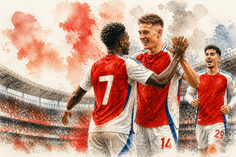 Joueurs d’Arsenal célébrant un but dans un stade, illustration style aquarelle