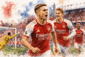 Illustration aquarelle de joueurs d’Arsenal célébrant une victoire contre West Ham en Premier League