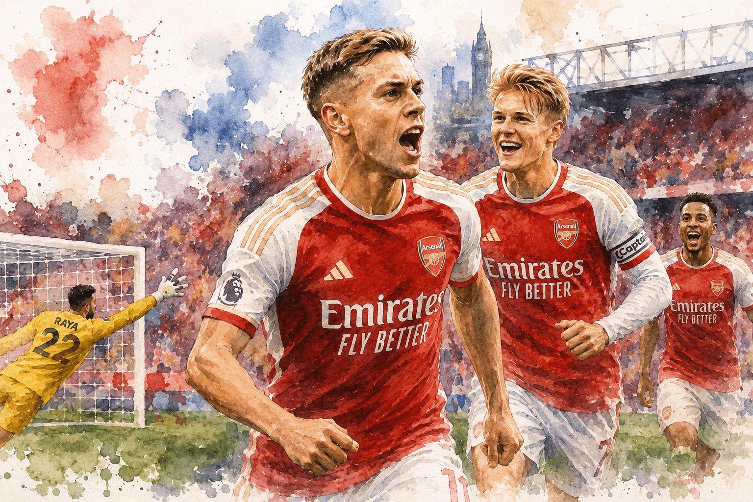 Illustration aquarelle de joueurs d’Arsenal célébrant une victoire contre West Ham en Premier League