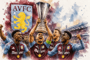 Illustration en style aquarelle des joueurs d’Aston Villa soulevant le trophée de la Ligue Europa dans un stade en fête.