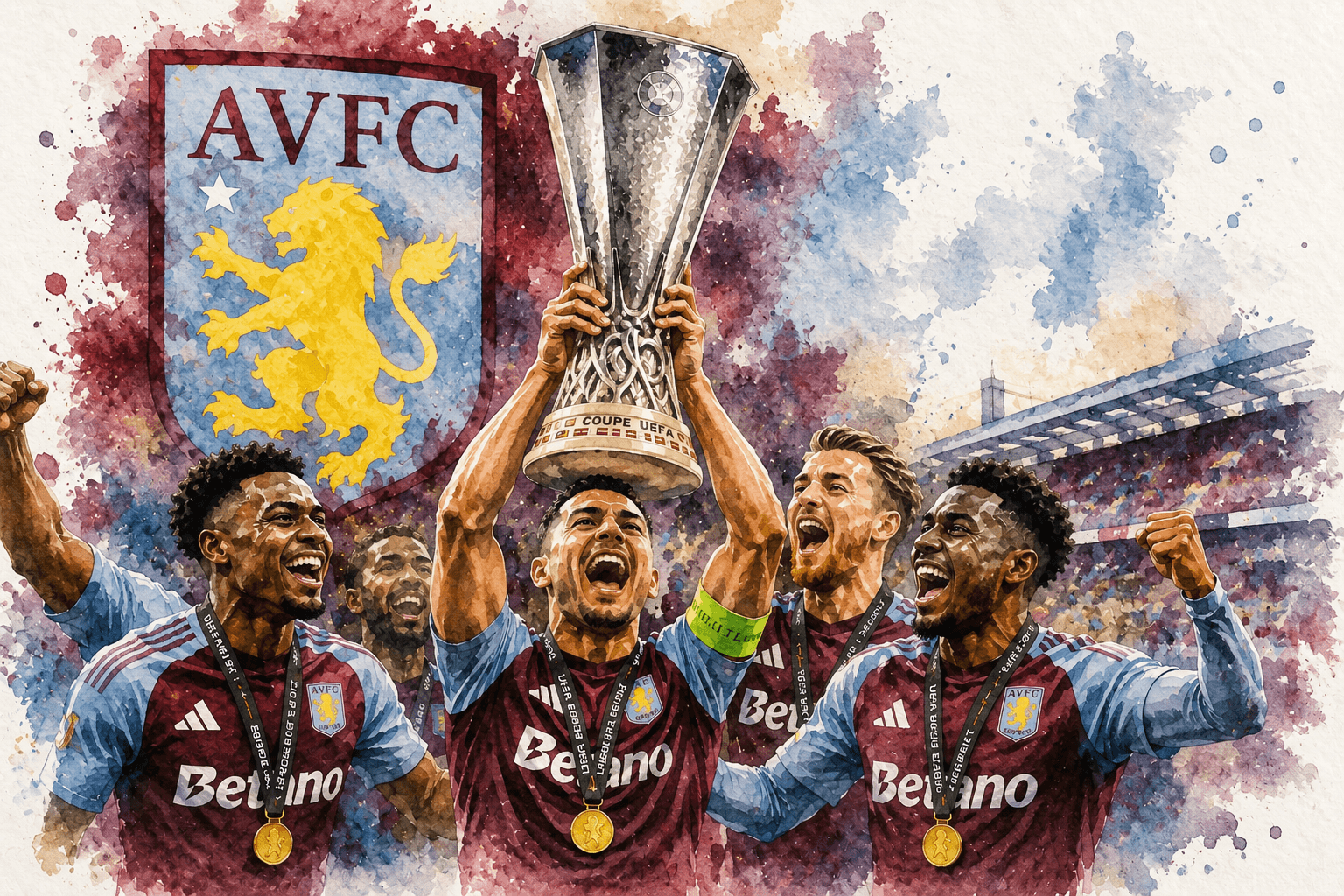Illustration en style aquarelle des joueurs d’Aston Villa soulevant le trophée de la Ligue Europa dans un stade en fête.