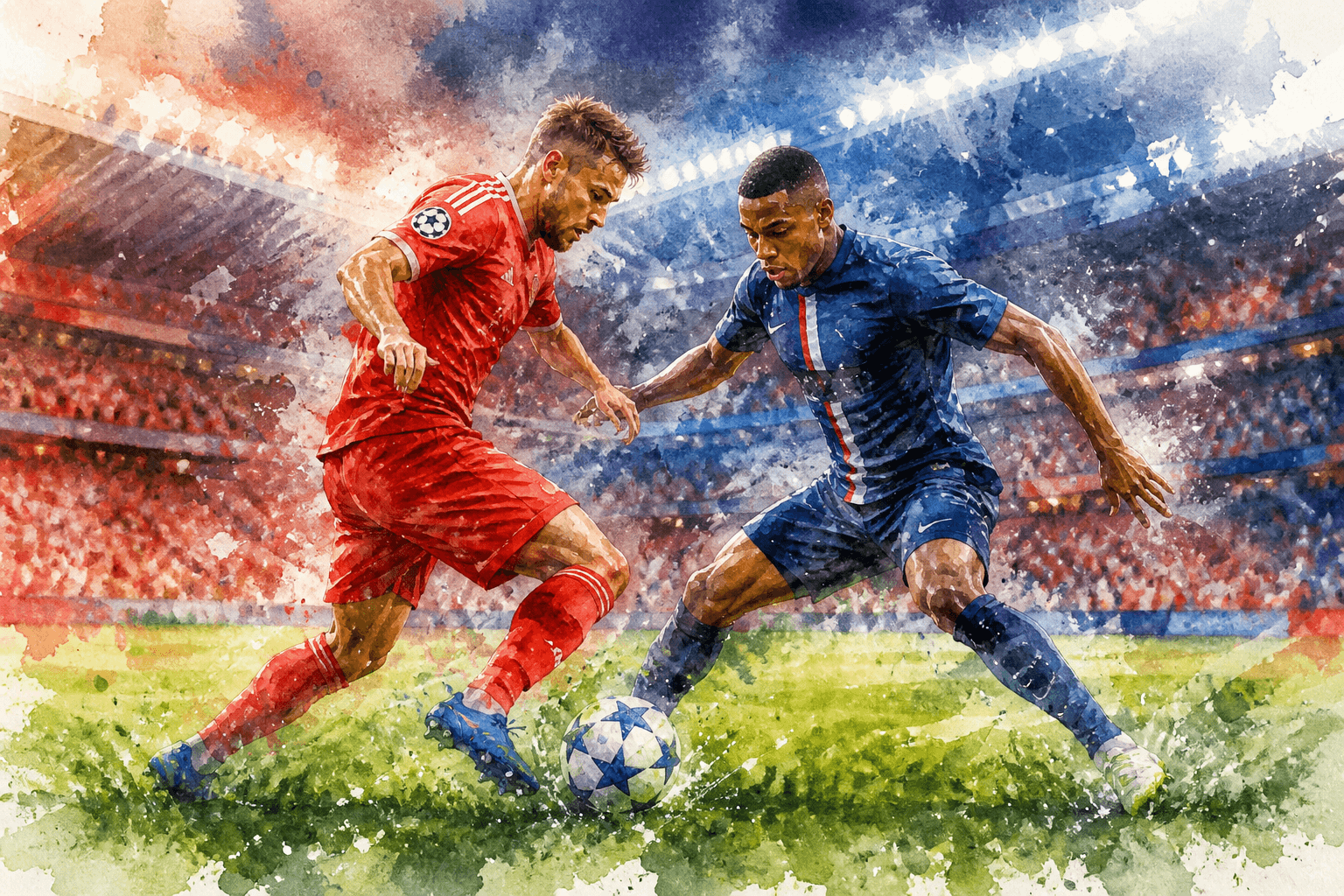 Bayern Munich PSG demi-finale retour Ligue des champions illustration aquarelle
