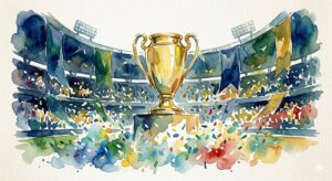 Illustration à l'aquarelle du trophée de la Ligue des champions de l'UEFA au centre d'un stade de football en fête.