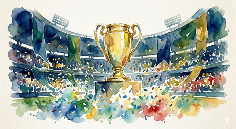Illustration à l'aquarelle du trophée de la Ligue des champions de l'UEFA au centre d'un stade de football en fête.