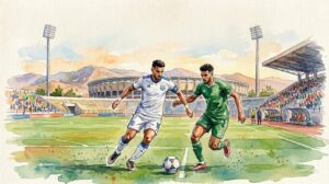 Une peinture à l'aquarelle montrant deux footballeurs en plein duel (maillots blanc et vert) sur la pelouse du Grand Stade d'Agadir, avec les montagnes et les tribunes en arrière-plan.