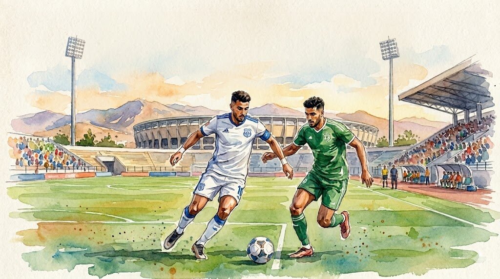 Une peinture à l'aquarelle montrant deux footballeurs en plein duel (maillots blanc et vert) sur la pelouse du Grand Stade d'Agadir, avec les montagnes et les tribunes en arrière-plan.