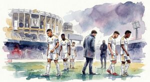 Illustration abstraite style aquarelle aux couleurs du Real Madrid évoquant le chaos et la désillusion.