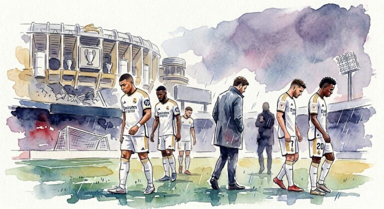 Illustration abstraite style aquarelle aux couleurs du Real Madrid évoquant le chaos et la désillusion.