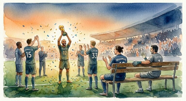 Illustration à l'aquarelle montrant des joueurs de football sur le banc de touche regardant d'autres joueurs célébrer un trophée sur la pelouse.