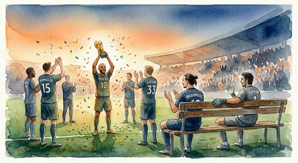 Illustration à l'aquarelle montrant des joueurs de football sur le banc de touche regardant d'autres joueurs célébrer un trophée sur la pelouse.