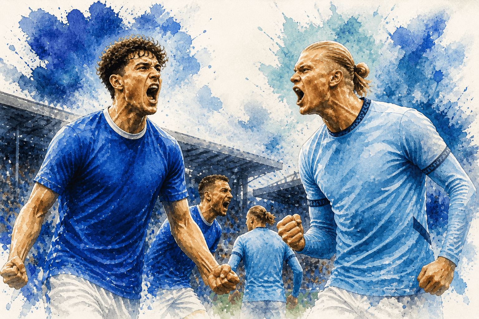 Illustration aquarelle de deux footballeurs d’Everton et Manchester City en confrontation intense dans un stade