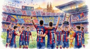 Illustration style aquarelle des joueurs du FC Barcelone, incluant Rashford et Ferran Torres, célébrant le titre de la Liga après le Clasico.