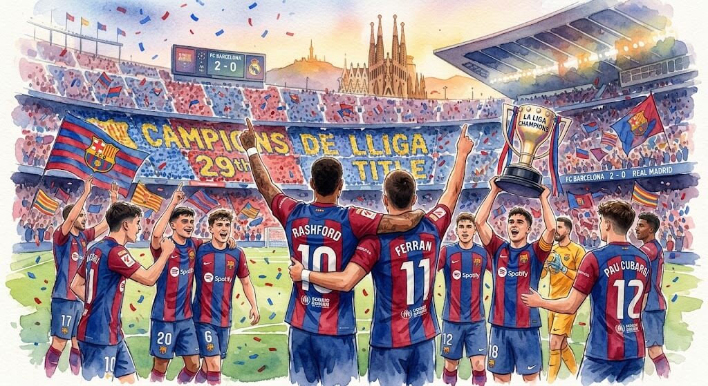 Illustration style aquarelle des joueurs du FC Barcelone, incluant Rashford et Ferran Torres, célébrant le titre de la Liga après le Clasico.