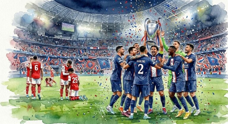 Illustration style aquarelle montrant les joueurs du Paris Saint-Germain célébrant leur victoire en finale de la Ligue des champions dans un stade comble, avec certains soulevant le trophée et d'autres s'enlaçant sous une pluie de confettis.